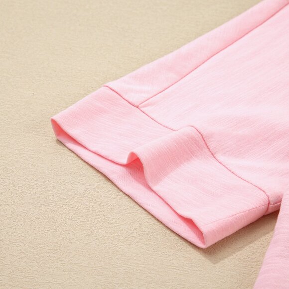 B295 Pink Flower Patched Exposed Seam 3/4 Sleeve Top - Picture 8 of 9